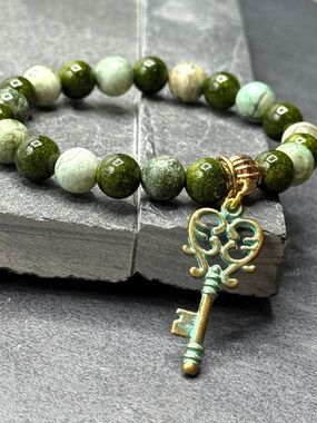 Ocean Jasper Beaded Bracelet with Key Charm